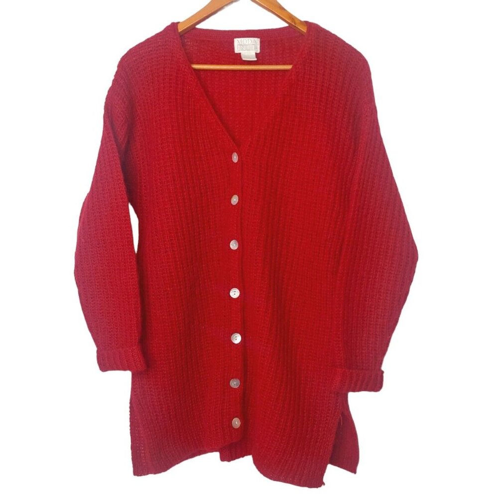 Vintage Y2K Moda Intl Womens S Sweater Cardigan Tunic Red Knit Mohair Blend